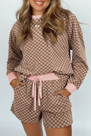 Brown Checkerboard Long Sleeve Pullover and Shorts Set