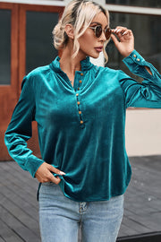 Green Frilled Neck Buttoned Front Velvet Top