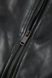 Black Double Flap Pocket Faux Leather Zip Up Stand Neck Vest