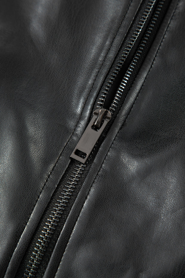 Black Double Flap Pocket Faux Leather Zip Up Stand Neck Vest