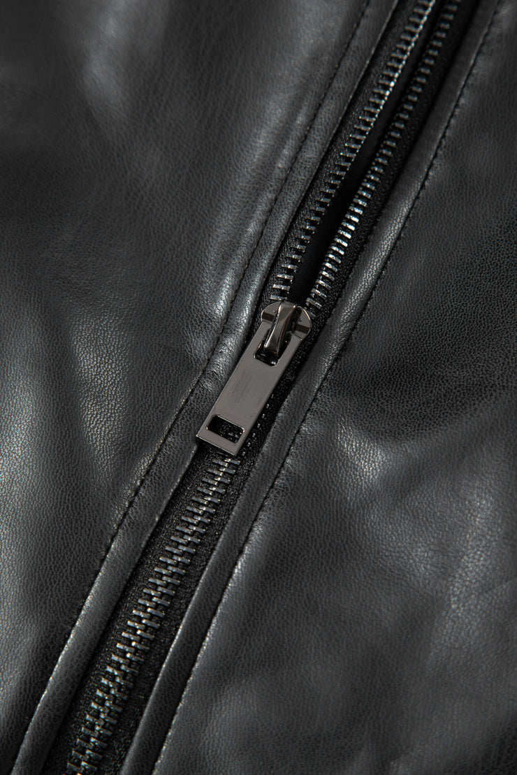 Black Double Flap Pocket Faux Leather Zip Up Stand Neck Vest