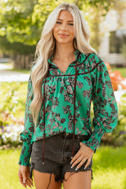 Green Leaves Print Contrast Trim V Neck Shirred Puff Sleeve Blouse