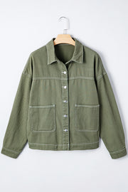 Smoke Green Patched Pocket Collared Button Front Boyfriend Denim Jacket