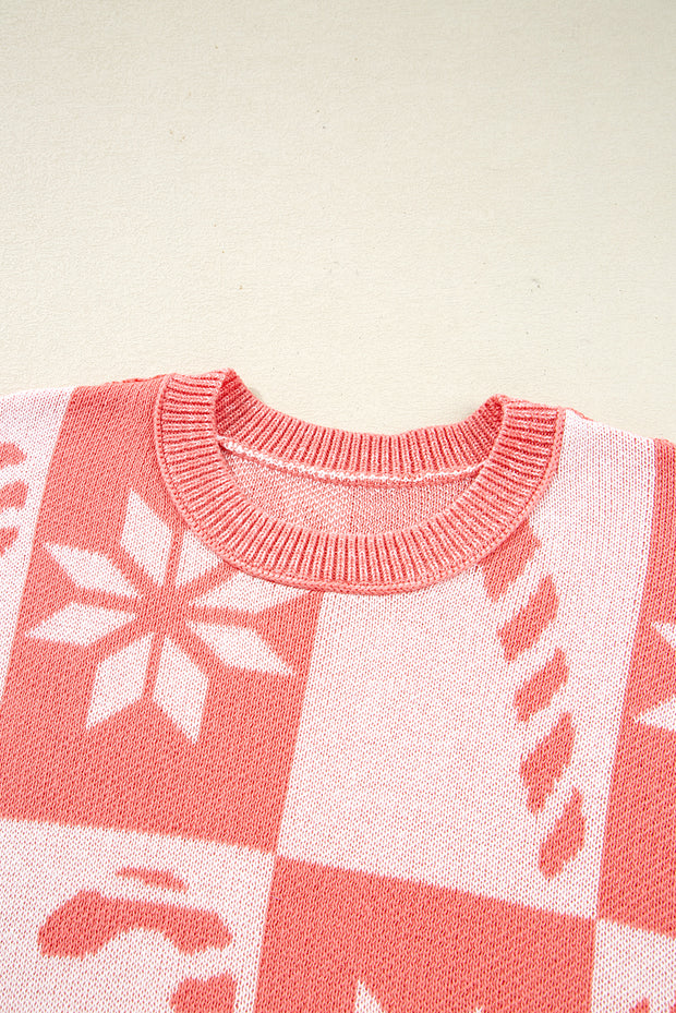 Pink Candycane Snowflake Checker Christmas Holiday Drop Shoulder Tunic Loose Sweater