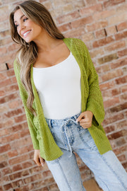 Spinach Green Oversize Crochet Knit Open Cardigan