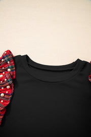 Black Plaid Pearl Ruffle Short Sleeve Loose T Shirt