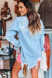 Beau Blue Mineral Wash Distressed Frayed Long Denim Jacket