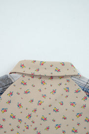 Ashleigh Blue Boho Floral Plaid Patchwork Distressed Detail Ruffled Sleeve Waffle Knit Shacket