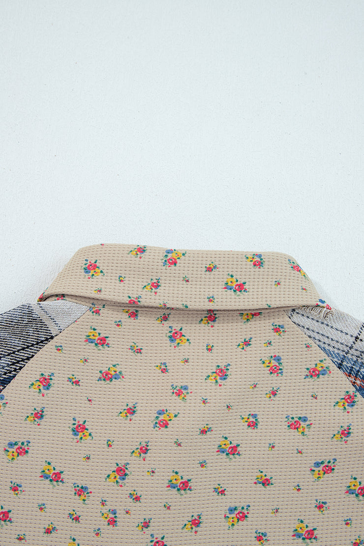 Ashleigh Blue Boho Floral Plaid Patchwork Distressed Detail Ruffled Sleeve Waffle Knit Shacket