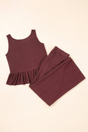 Red Dahlia Solid Color Ribbed Ruffle Tank Top and Pants Set