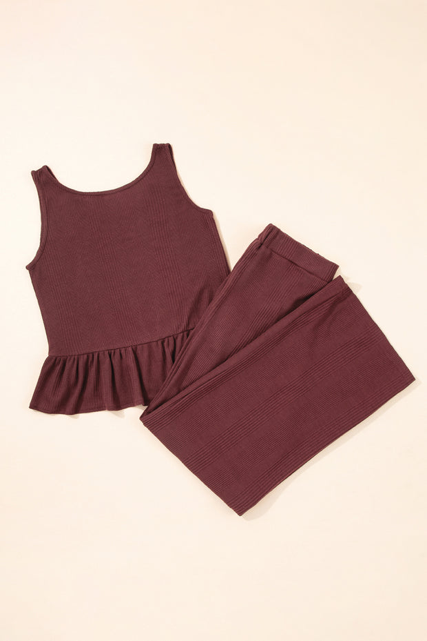 Red Dahlia Solid Color Ribbed Ruffle Tank Top and Pants Set