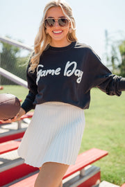 Black Chenille Game Day Graphic Drop Shoulder Sweatshirt