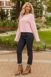 Pink Stripe Textured Contrast Dropped Long Sleeve Top