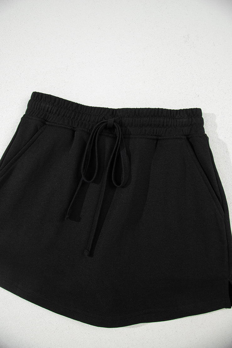 Black French Terry Drawstring Mini Skort with Pockets