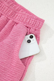 Pink Textured V Neck T Shirt and Shorts Set