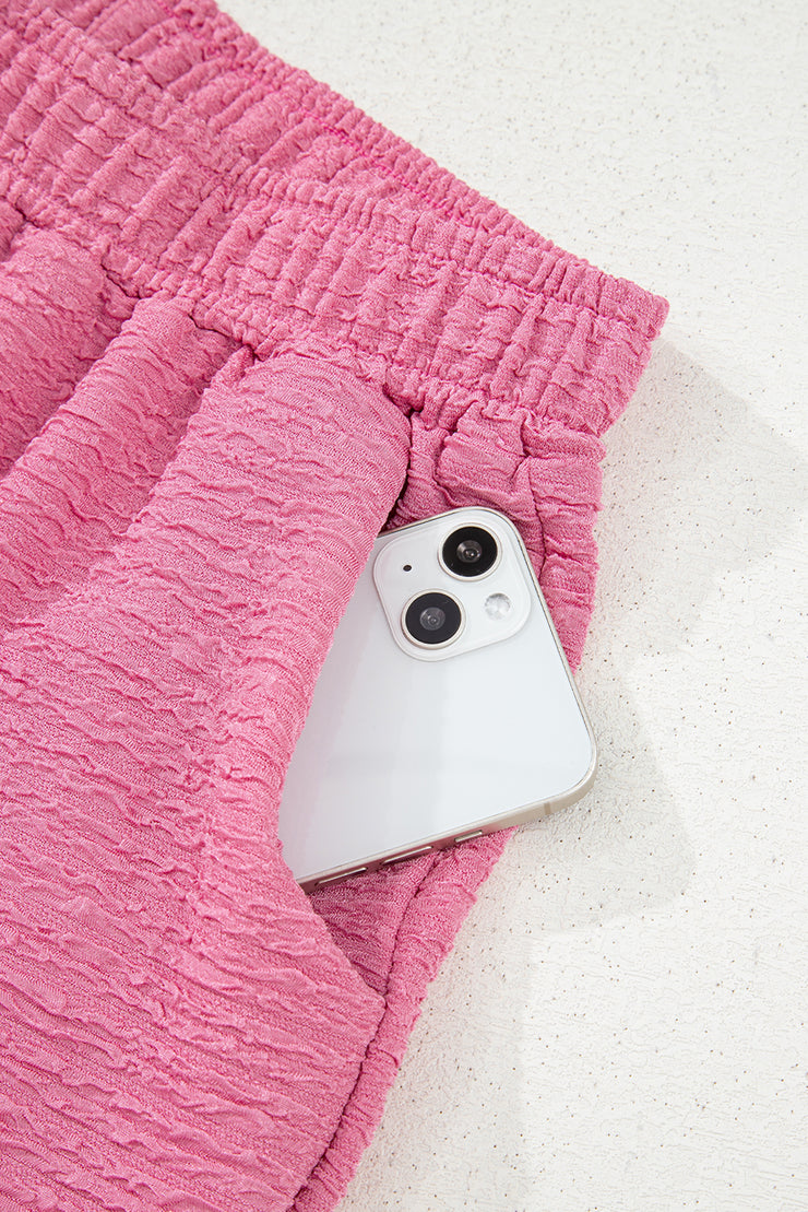 Pink Textured V Neck T Shirt and Shorts Set