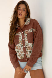 Clay Ribbed Retro Floral Patchwork Shirt Style Jacket