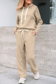 Jet Stream Lace Drawstring Pullover Hoodie and High Waist Pants Corduroy Suit