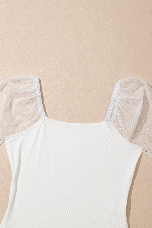 White Swiss Dot Mesh Long Sleeve Square Neck Slim Top