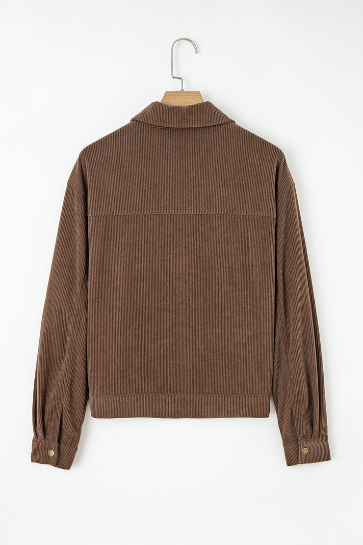Dark Khaki Button Zip Up Lapel Collar Corduroy Jacket