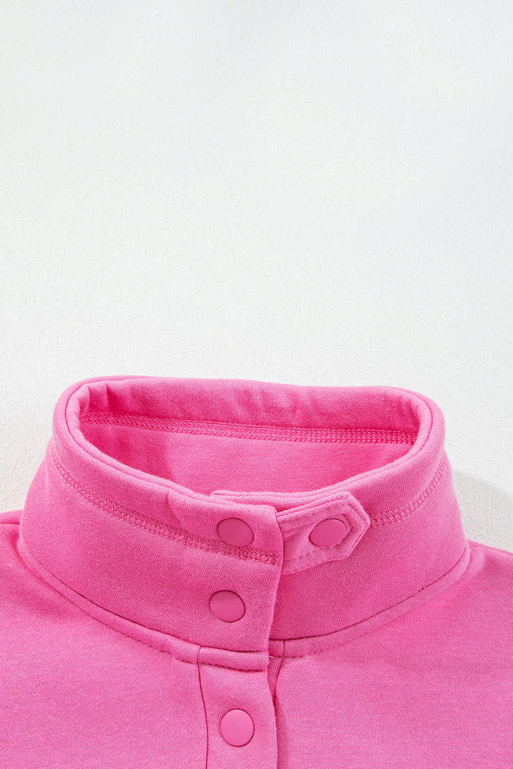 Bright Pink Half Button Stand Neck Drop Shoulder Sweatshirt
