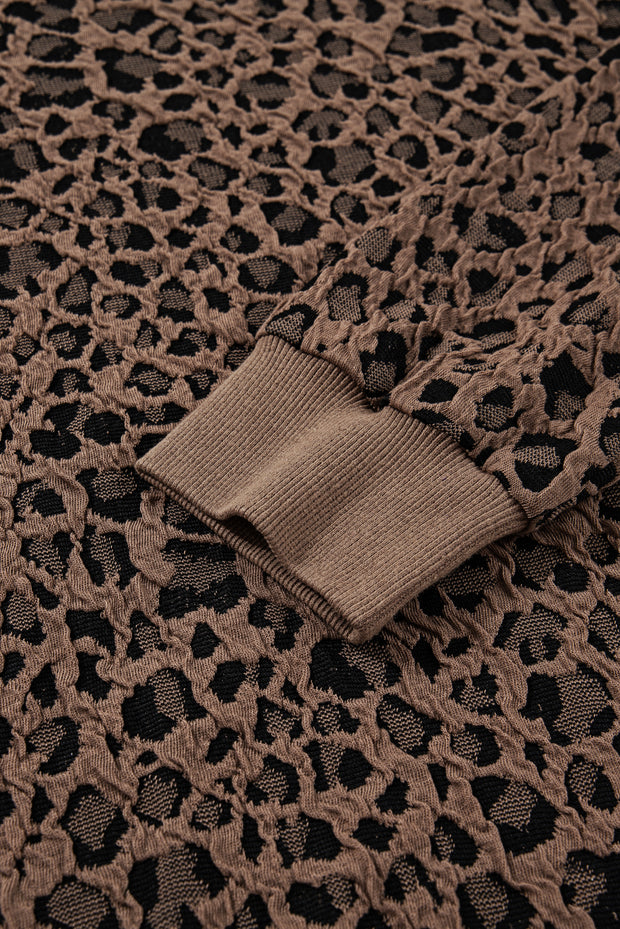 Brown Ribbed Trim Leopard Print Long Sleeve Top
