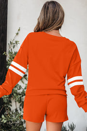 Orange Varsity Striped Sleeve Drop Shoulder Sweatshirt and Short Set
