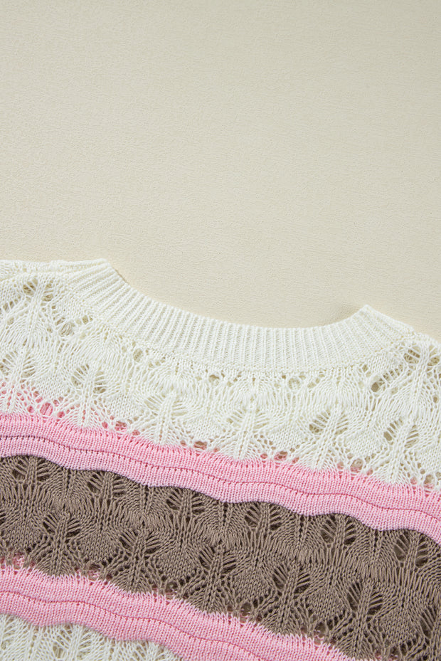 Brown Stripe Color Block Hollow Out Crochet Half Sleeve Sweater
