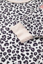 Gray Leopard Color Block Patchwork Reverse Stitch Plus Size Baggy Pullover