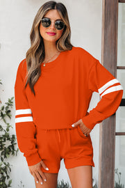 Orange Varsity Striped Sleeve Drop Shoulder Sweatshirt and Short Set