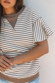 Parchment Contrast Detail Striped Ruffle Short Sleeve Top