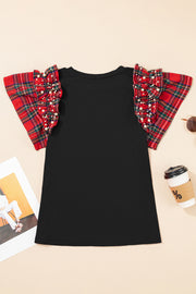 Black Plaid Pearl Ruffle Short Sleeve Loose T Shirt