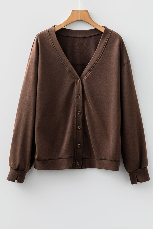 Coffee Button Front V Neck Casual Cardigan