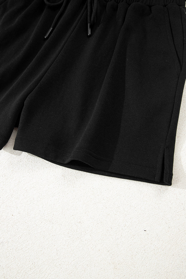 Black Varsity Striped Sleeve Drop Shoulder Sweatshirt and Short Set