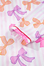 Pink Striped Bow Print Contrast Piping Trim Shirt and Pants 2pcs Pajama Set
