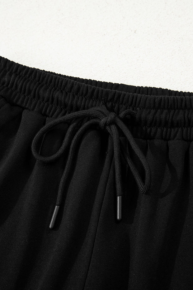 Black Varsity Striped Sleeve Drop Shoulder Sweatshirt and Short Set