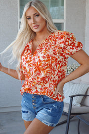 Orange Floral Print Ruffled Short Puff Sleeve Split Neck Blouse