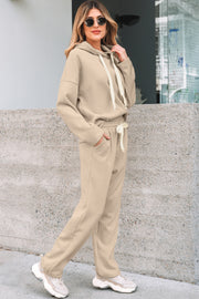 Jet Stream Lace Drawstring Pullover Hoodie and High Waist Pants Corduroy Suit