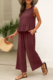 Red Dahlia Solid Color Ribbed Ruffle Tank Top and Pants Set