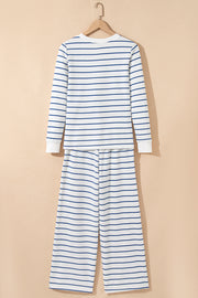 Sail Blue Striped Long Sleeve Top Drawstring Wide Leg Pants 2pcs Outfit