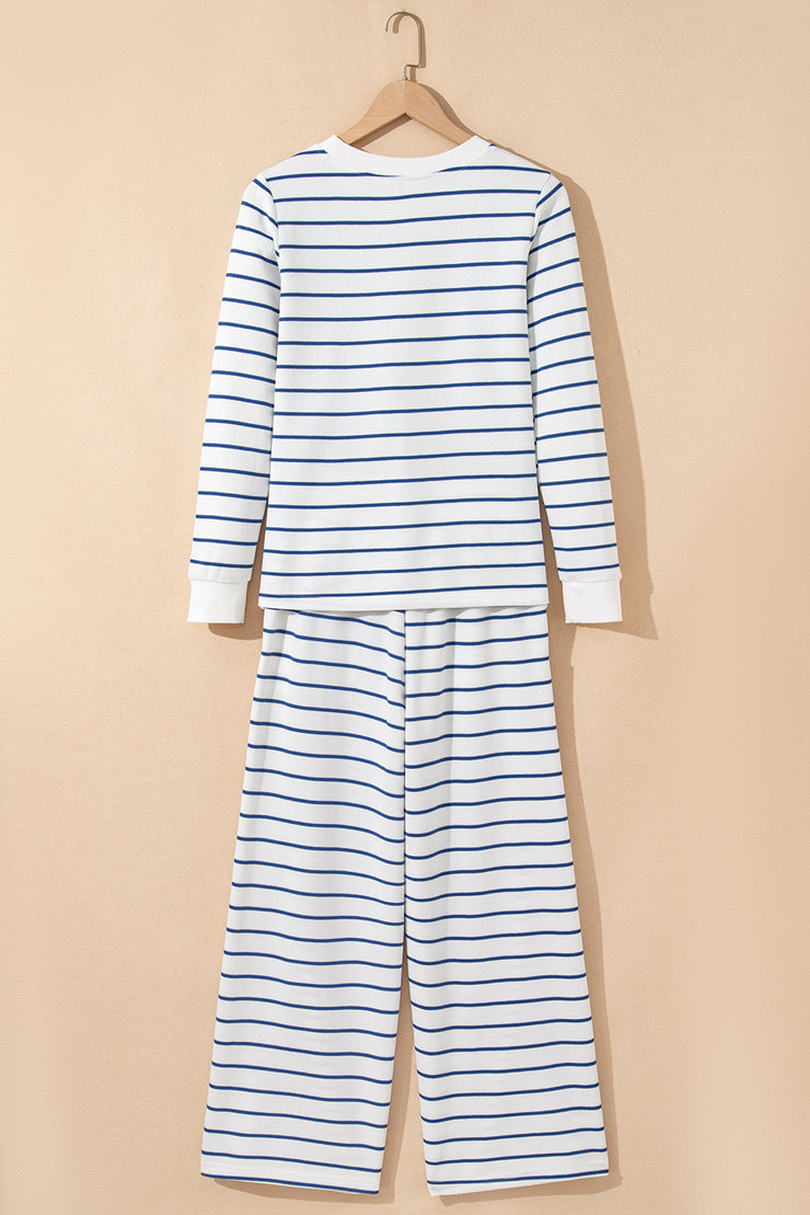 Sail Blue Striped Long Sleeve Top Drawstring Wide Leg Pants 2pcs Outfit