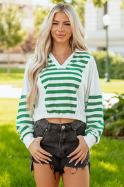 Green Stripe Colorblock Collared V Neck Cropped Knit Pullover