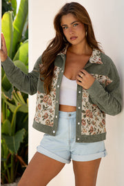 Sage Green Ribbed Retro Floral Patchwork Shirt Style Jacket