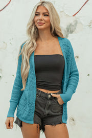 Lapis Mix Pattern Hollowed Knit Open Front Cardigan