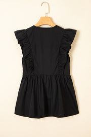 Black Contrast Ricrac Trim Ruffled V Neck Peplum Top