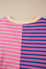 Pink Stripe Casual Stripe Colorblock Drop Shoulder Oversize Sweatshirt