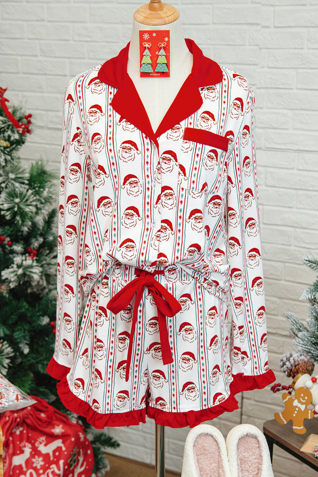 White Santa & Stripes Ruffle PJ Set