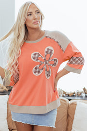 Grapefruit Orange Plaid Waffle Flower Patchwork Bracelet Sleeve Top