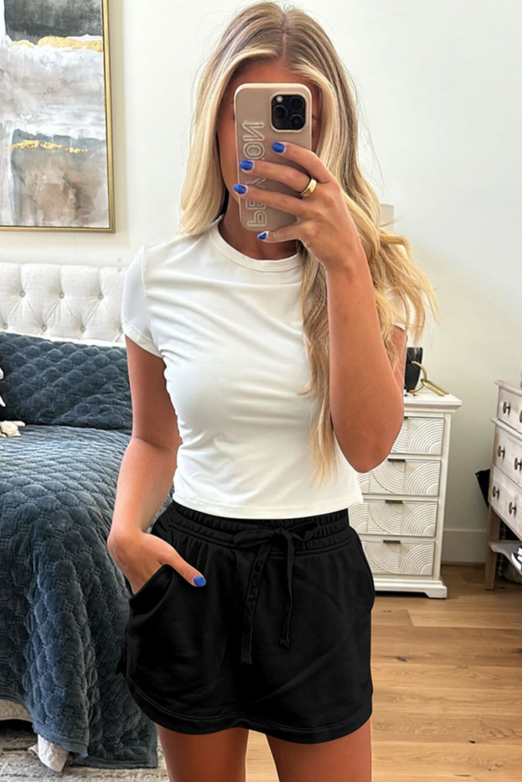 Black French Terry Drawstring Mini Skort with Pockets