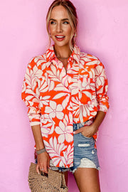 Orange Botanical Print Single Chest Pocket Button Up Shirt